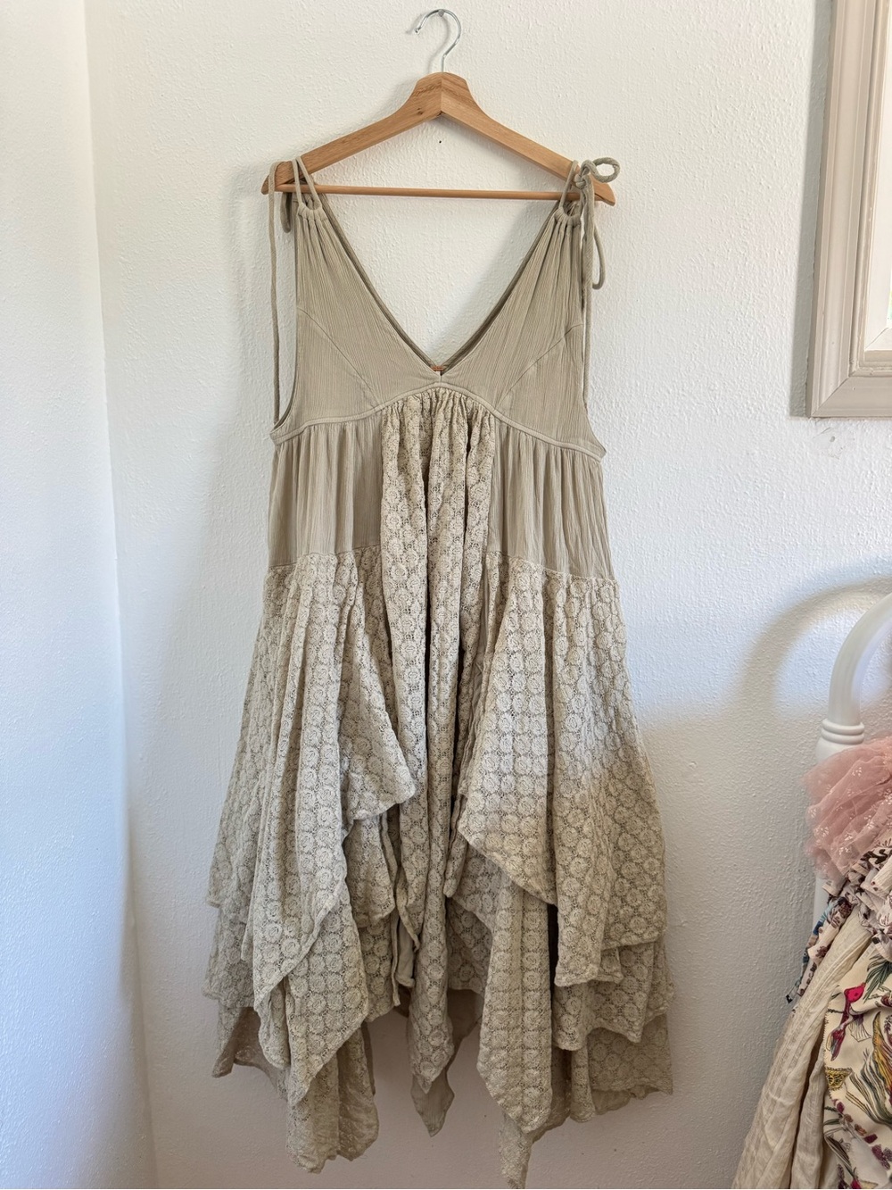 Free People Beige Tie-Shoulder Tiered Midi Dress